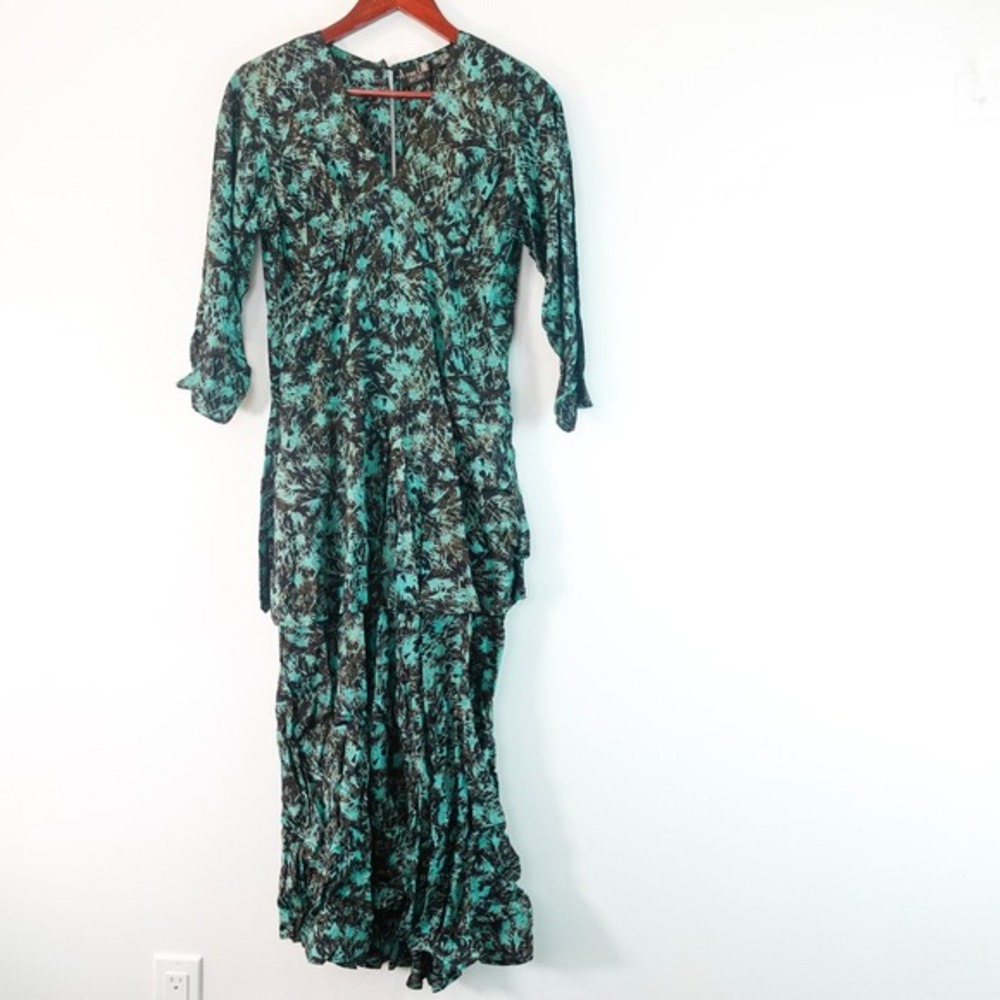 80s Vintage Forest Fairy Psychedelic Dress S Green Midi Pleated Boho Cocktail